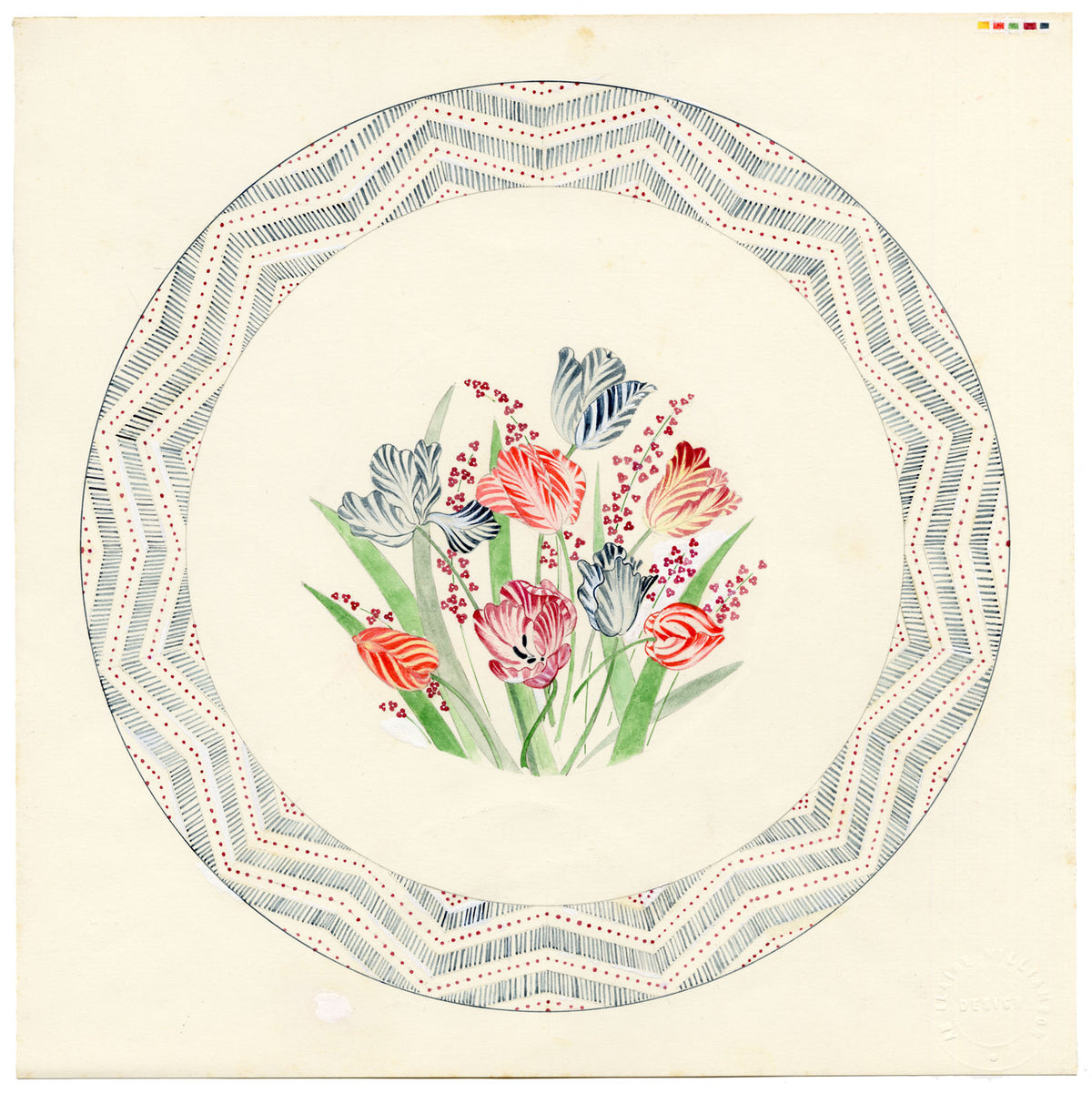 Elaine Williamson, Poole Pottery, Tulip Flowers Plate Design – 1989 watercolour painting