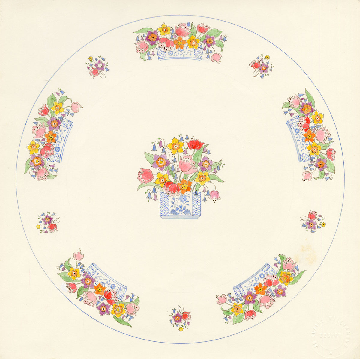 Elaine Williamson, Poole Pottery, Spring Flower Plate Design – 1989 watercolour painting