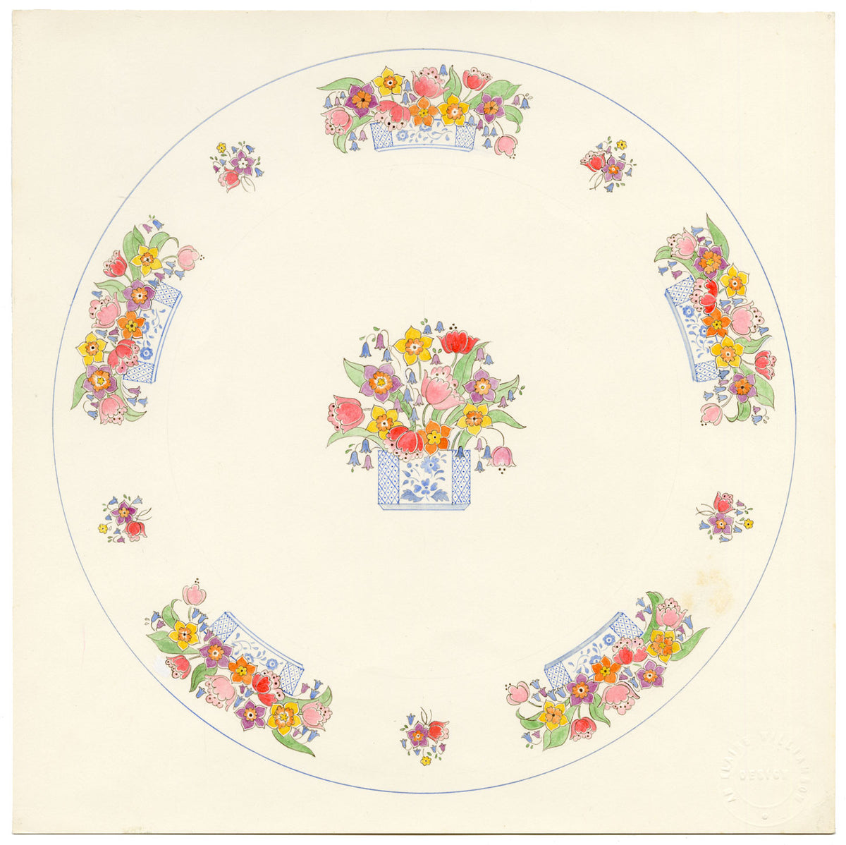 Elaine Williamson, Poole Pottery, Spring Flower Plate Design – 1989 watercolour painting