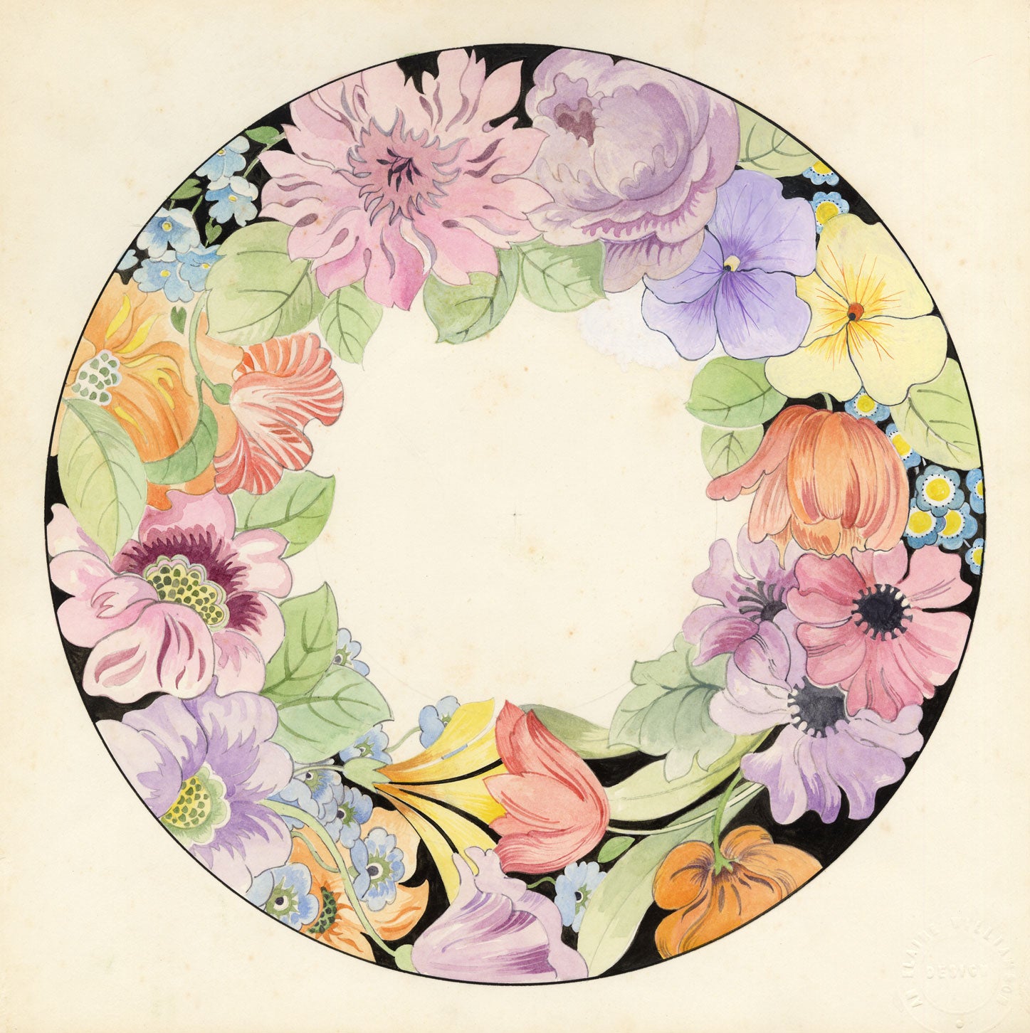 Elaine Williamson, Poole Pottery, Bold Floral Plate Design – c.1980s watercolour painting