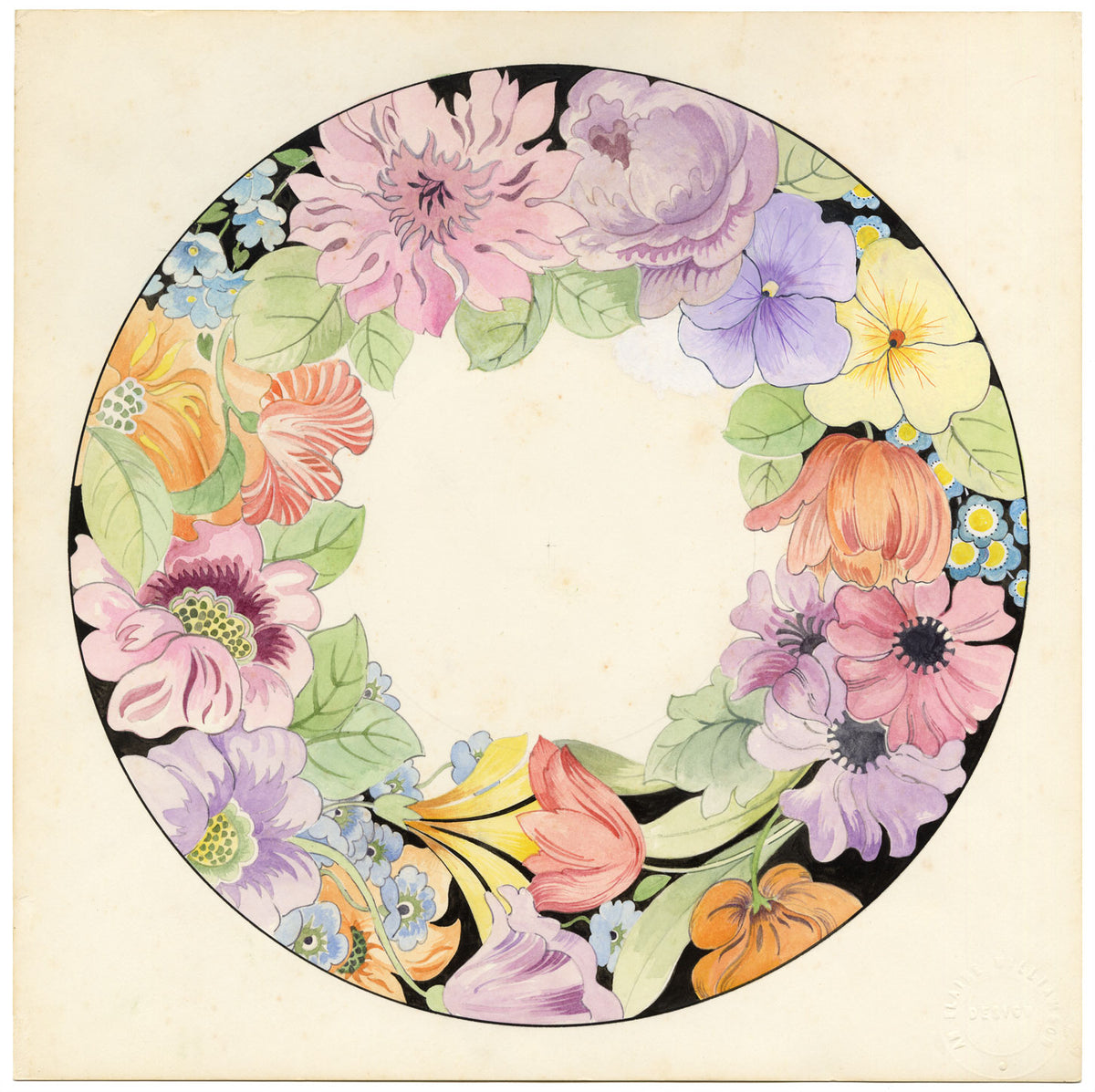 Elaine Williamson, Poole Pottery, Bold Floral Plate Design – c.1980s watercolour painting