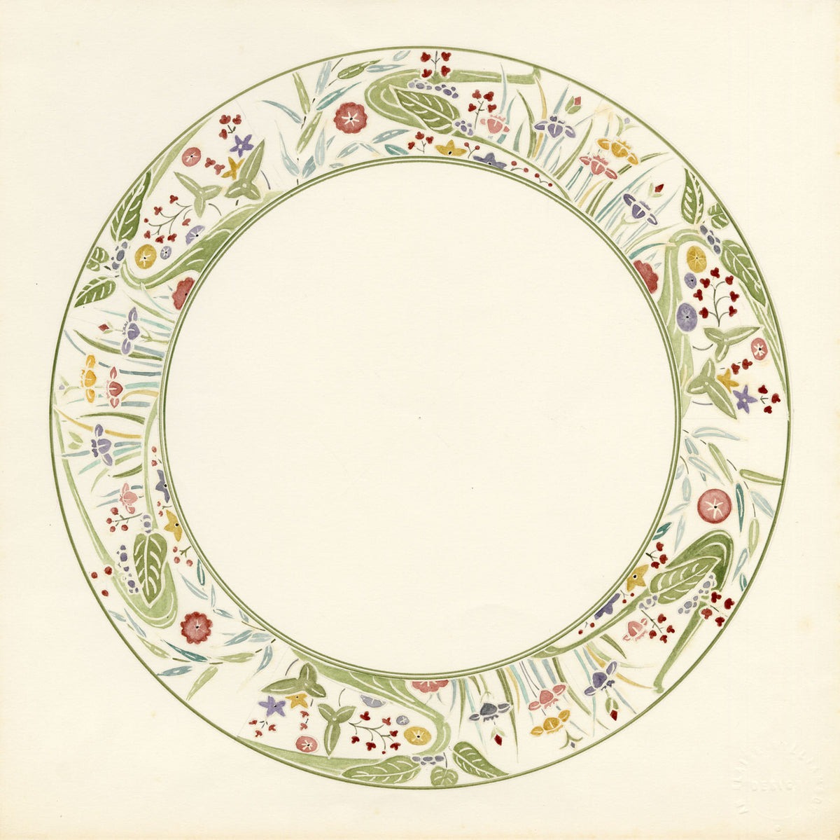 Elaine Williamson, Poole Pottery, Art Nouveau Flower Plate Design – 1989 watercolour painting