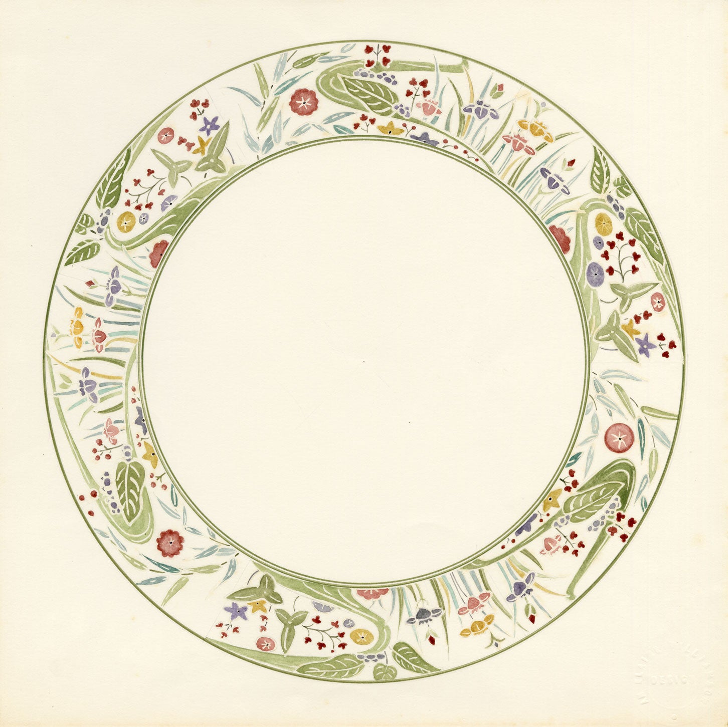 Elaine Williamson, Poole Pottery, Art Nouveau Flower Plate Design – 1989 watercolour painting