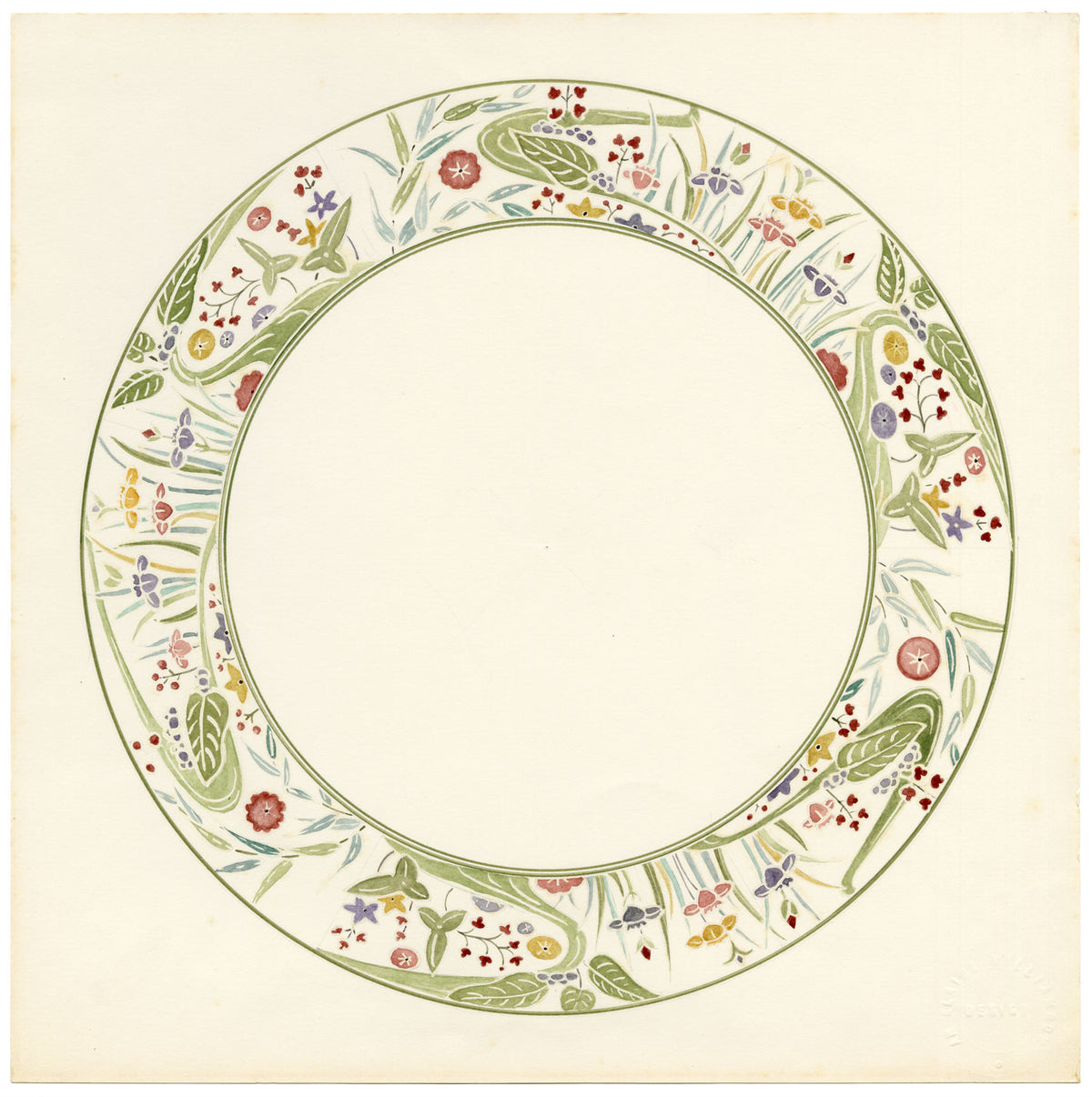 Elaine Williamson, Poole Pottery, Art Nouveau Flower Plate Design – 1989 watercolour painting