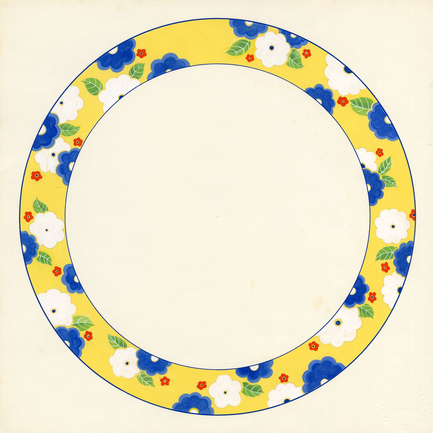 Elaine Williamson, Poole Pottery, Bold Blue & White Flower on Yellow Plate Design – c.1980s gouache painting