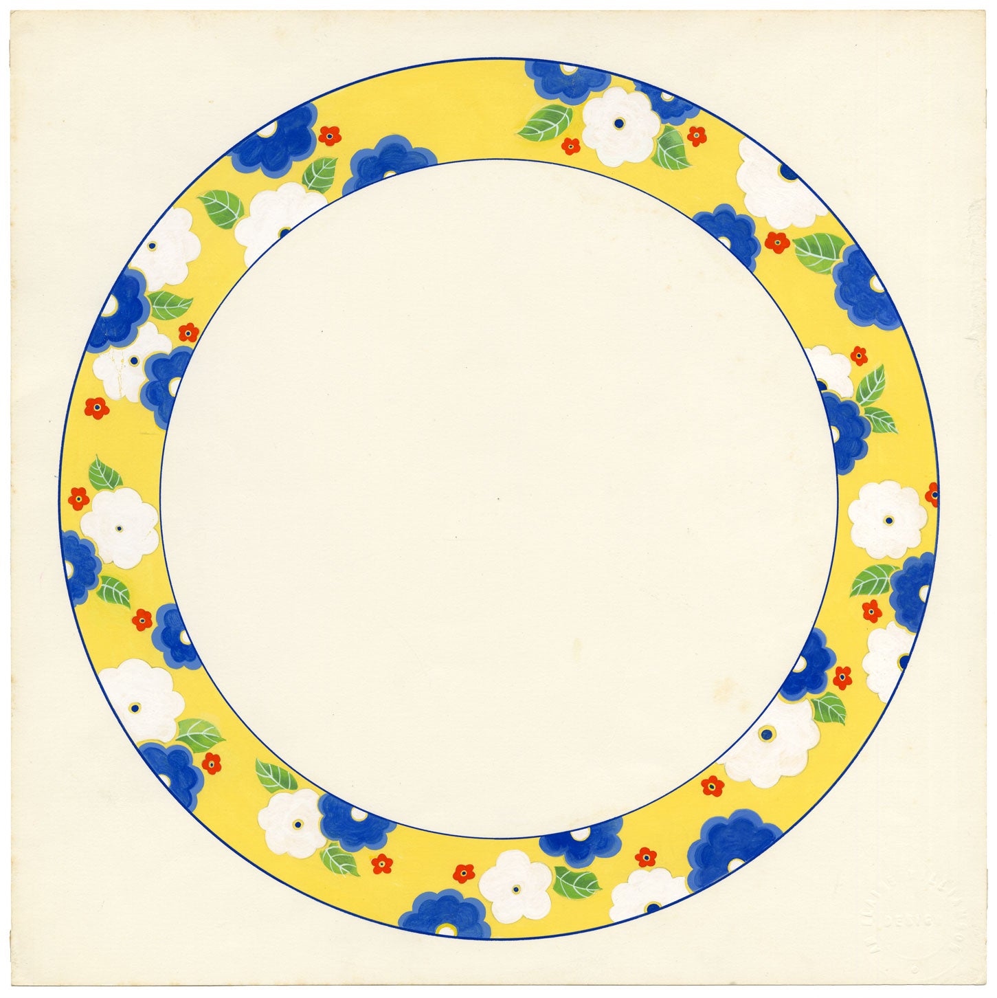 Elaine Williamson, Poole Pottery, Bold Blue & White Flower on Yellow Plate Design – c.1980s gouache painting