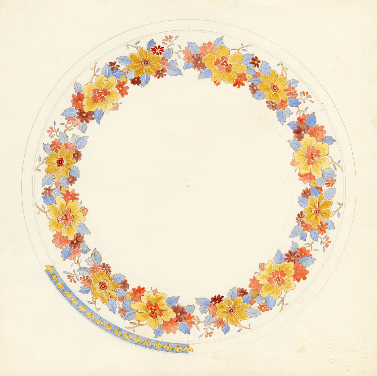 Elaine Williamson, Poole Pottery, Autumn Flowers Plate Design – 1989 watercolour painting