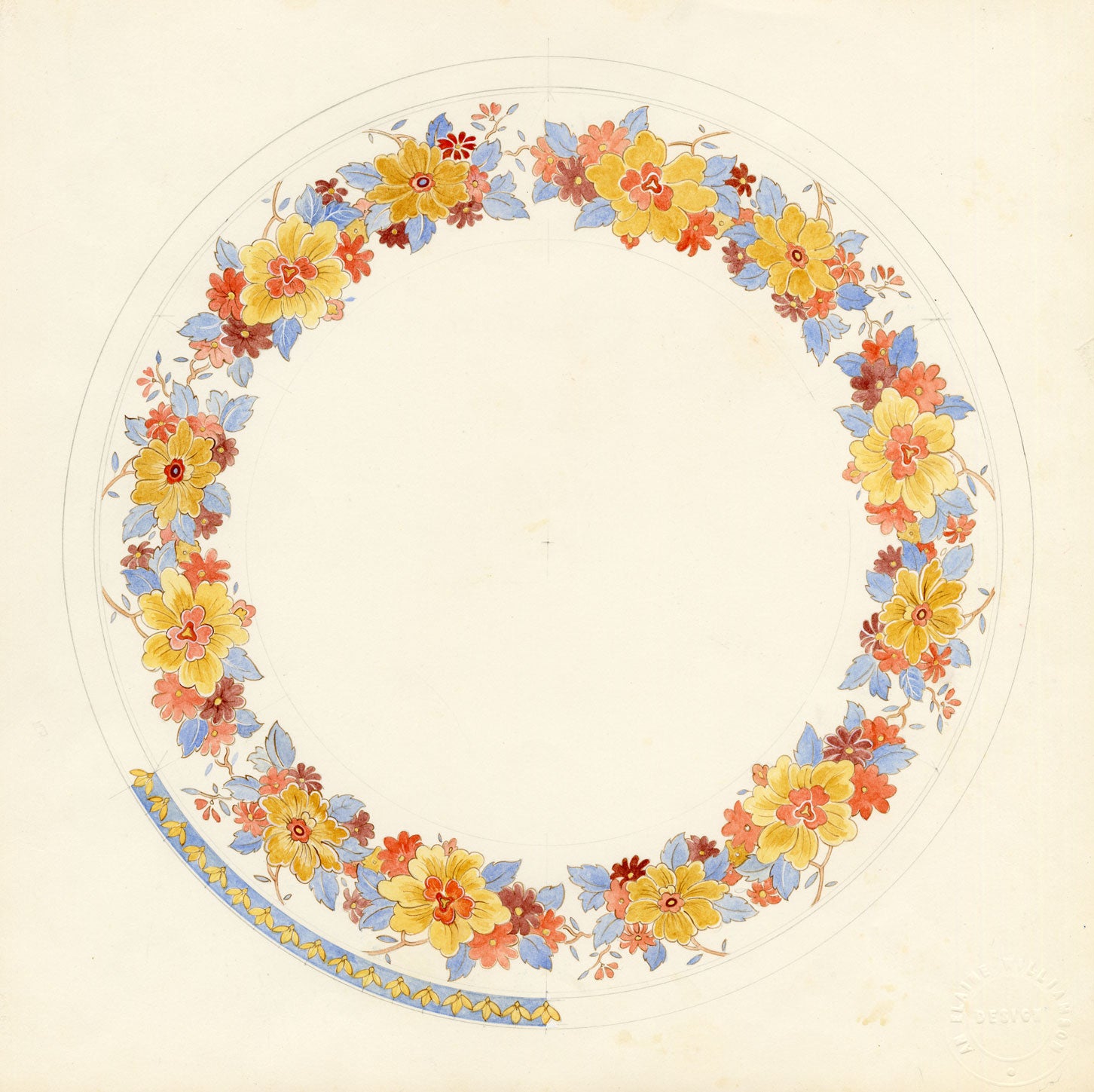 Elaine Williamson, Poole Pottery, Autumn Flowers Plate Design – 1989 watercolour painting