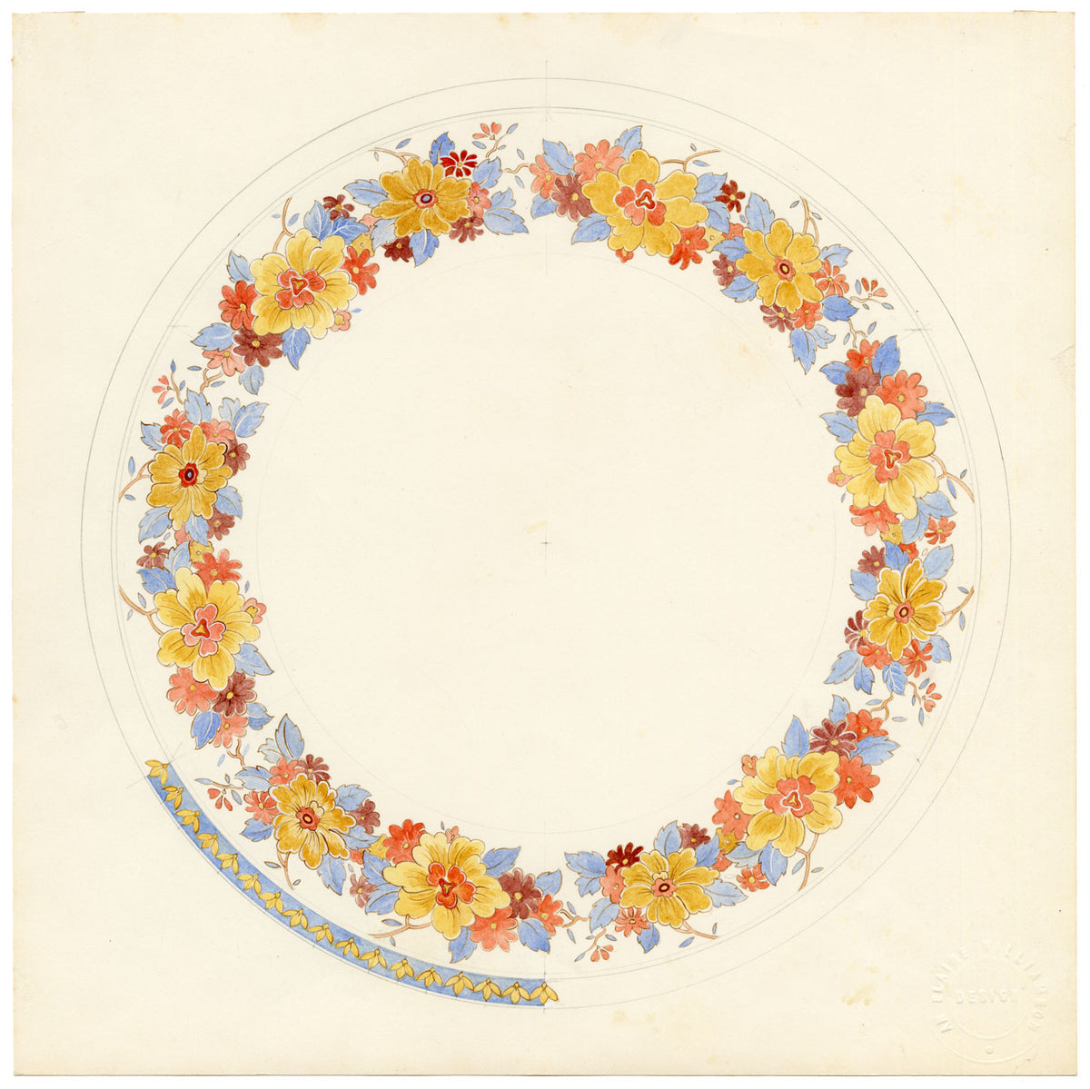 Elaine Williamson, Poole Pottery, Autumn Flowers Plate Design – 1989 watercolour painting