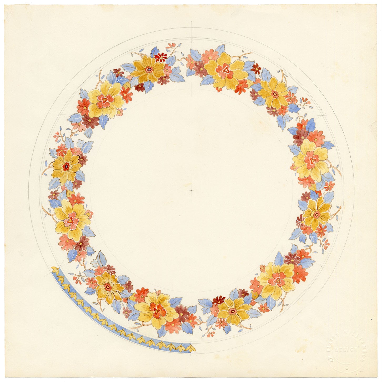Elaine Williamson, Poole Pottery, Autumn Flowers Plate Design – 1989 watercolour painting