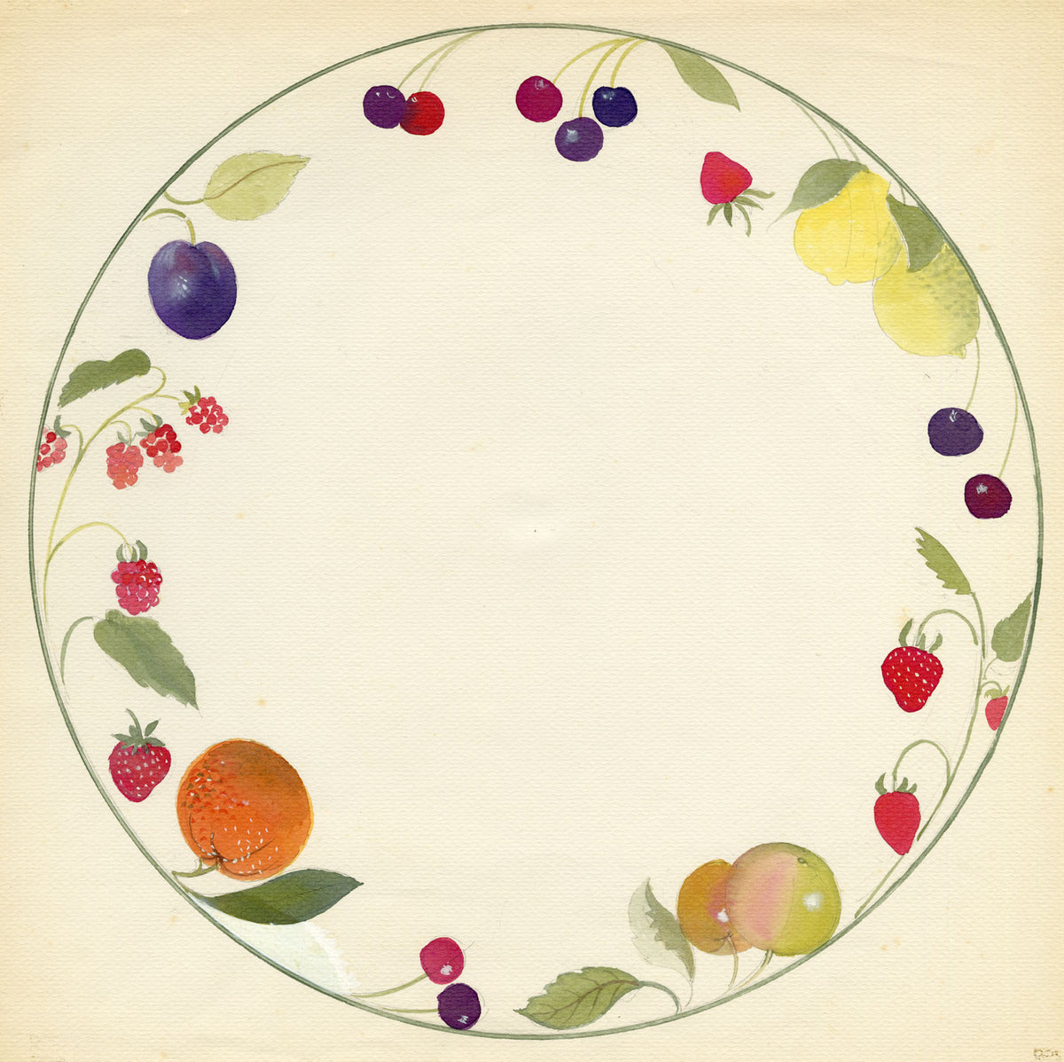 Elaine Williamson, Poole Pottery, Summer Fruits Plate Design – c.1980s watercolour painting