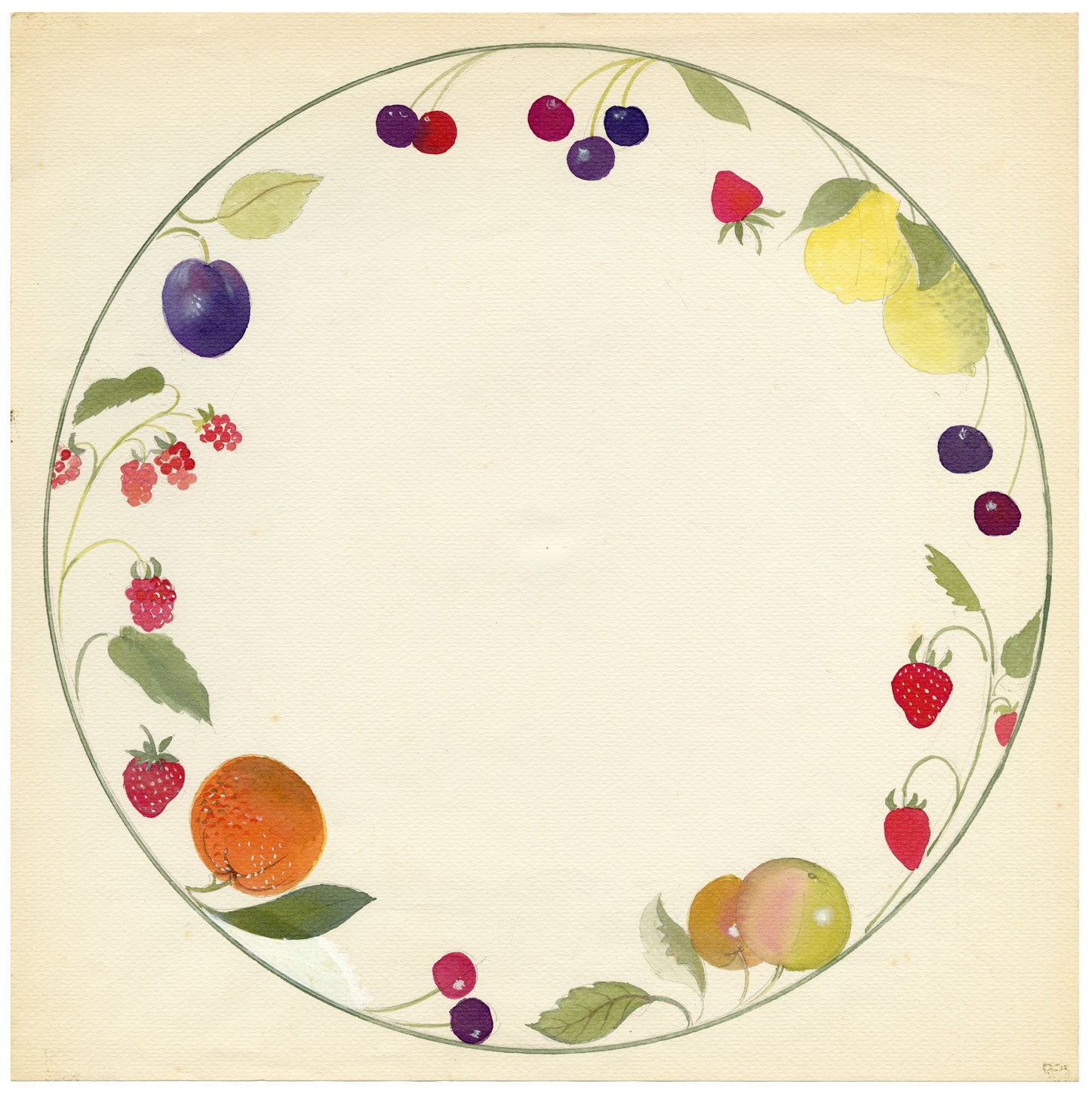 Elaine Williamson, Poole Pottery, Summer Fruits Plate Design – c.1980s watercolour painting