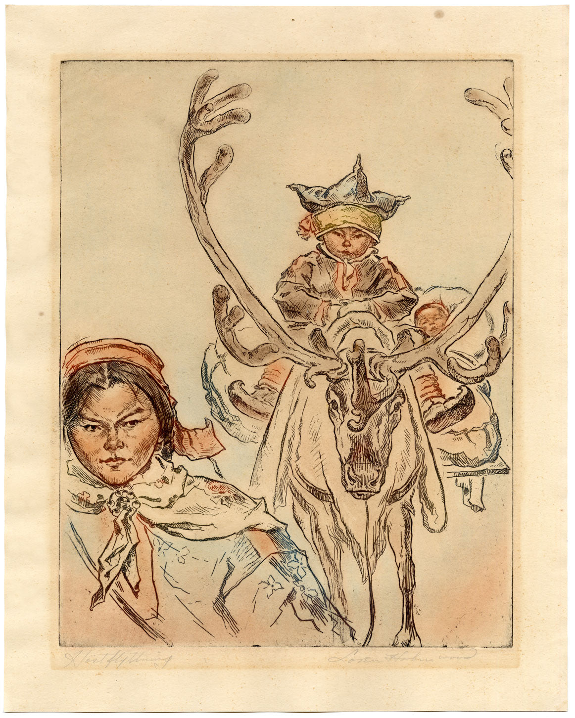 Loren Holmwood, Sámi with Reindeer 'Höstflytning', Northern Norway – c.1936 etching print