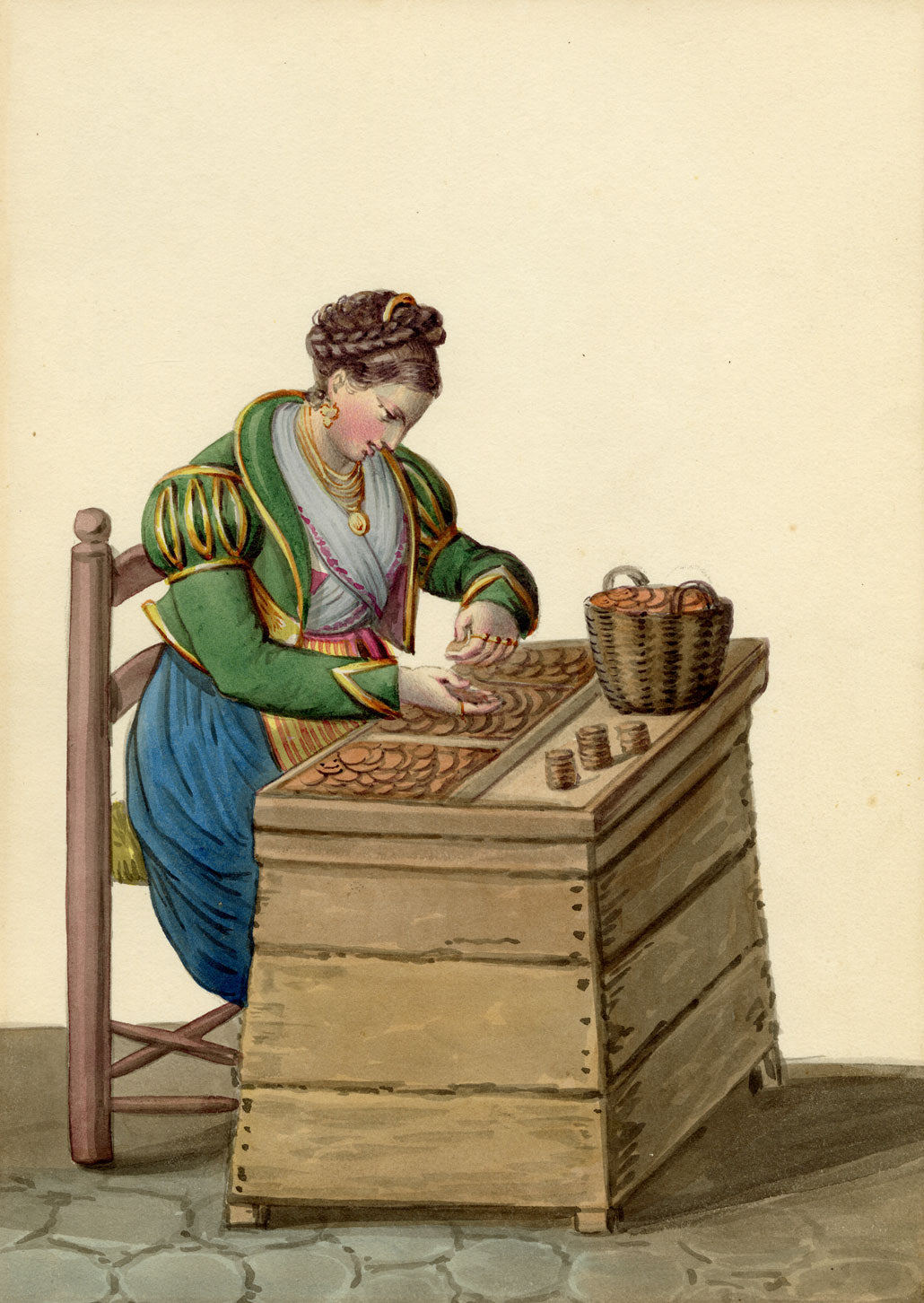 Michela de Vito, Costume Napolitano, Money Changer – c.1820s watercolour painting
