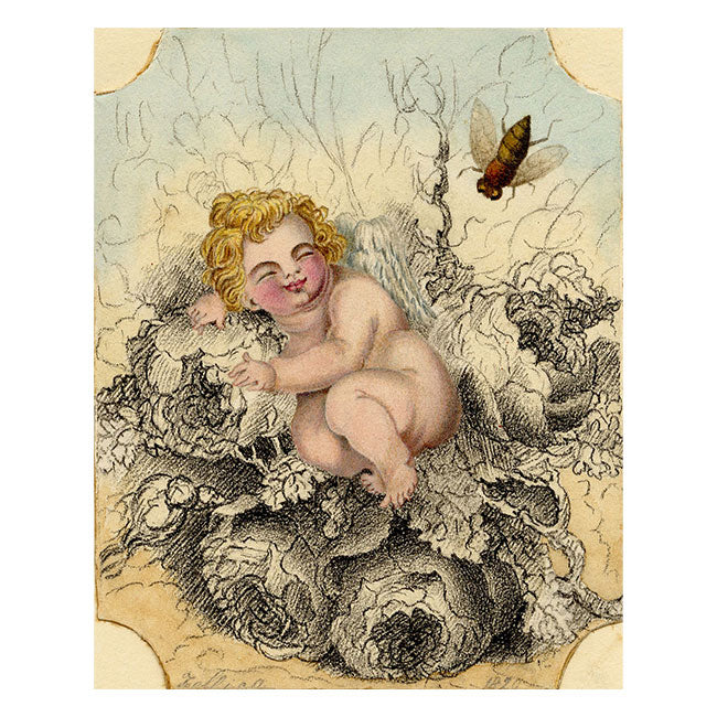 Anon., Sleeping Putto in Flower Bed – 1820 watercolour painting
