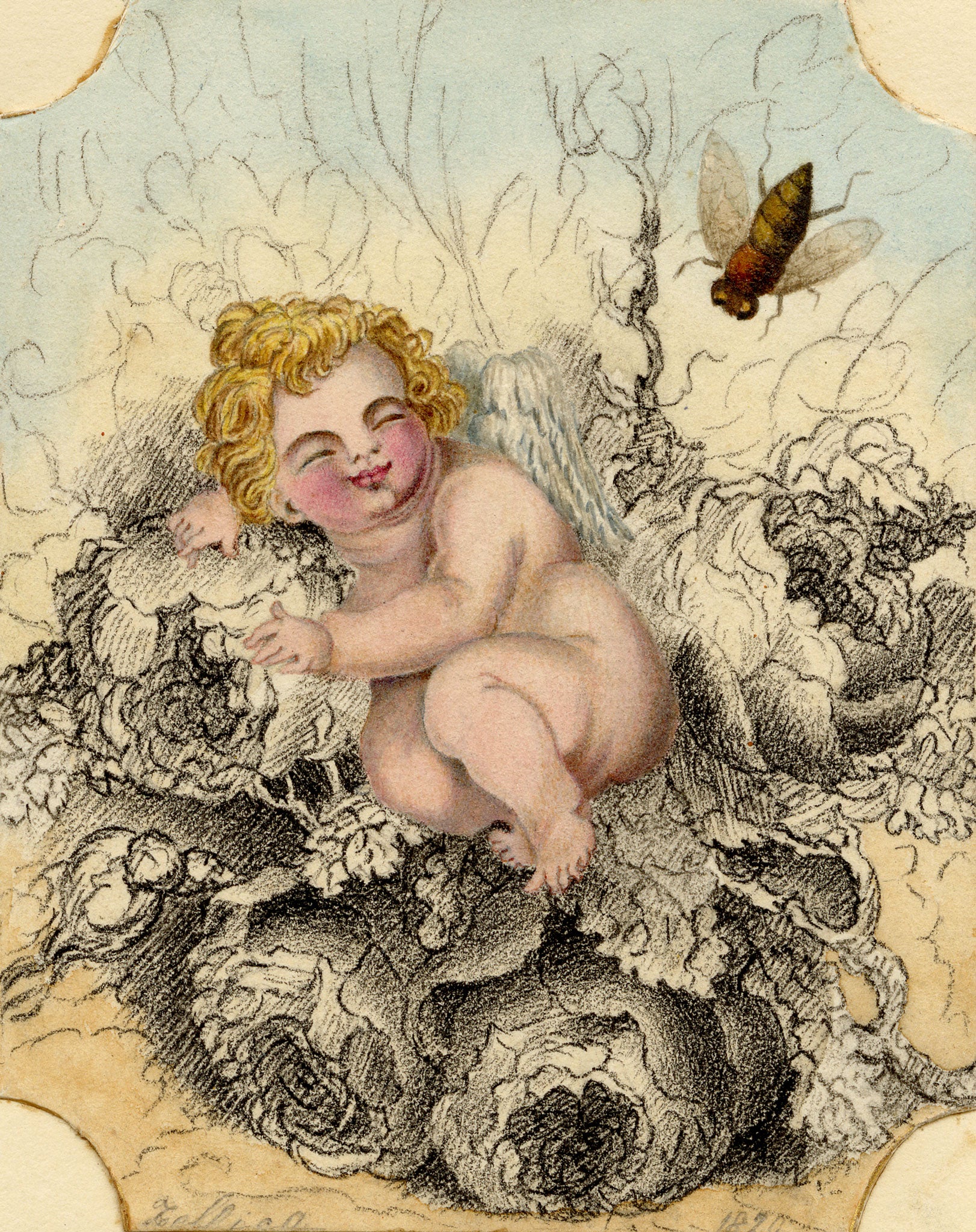 Anon., Sleeping Putto in Flower Bed – 1820 watercolour painting