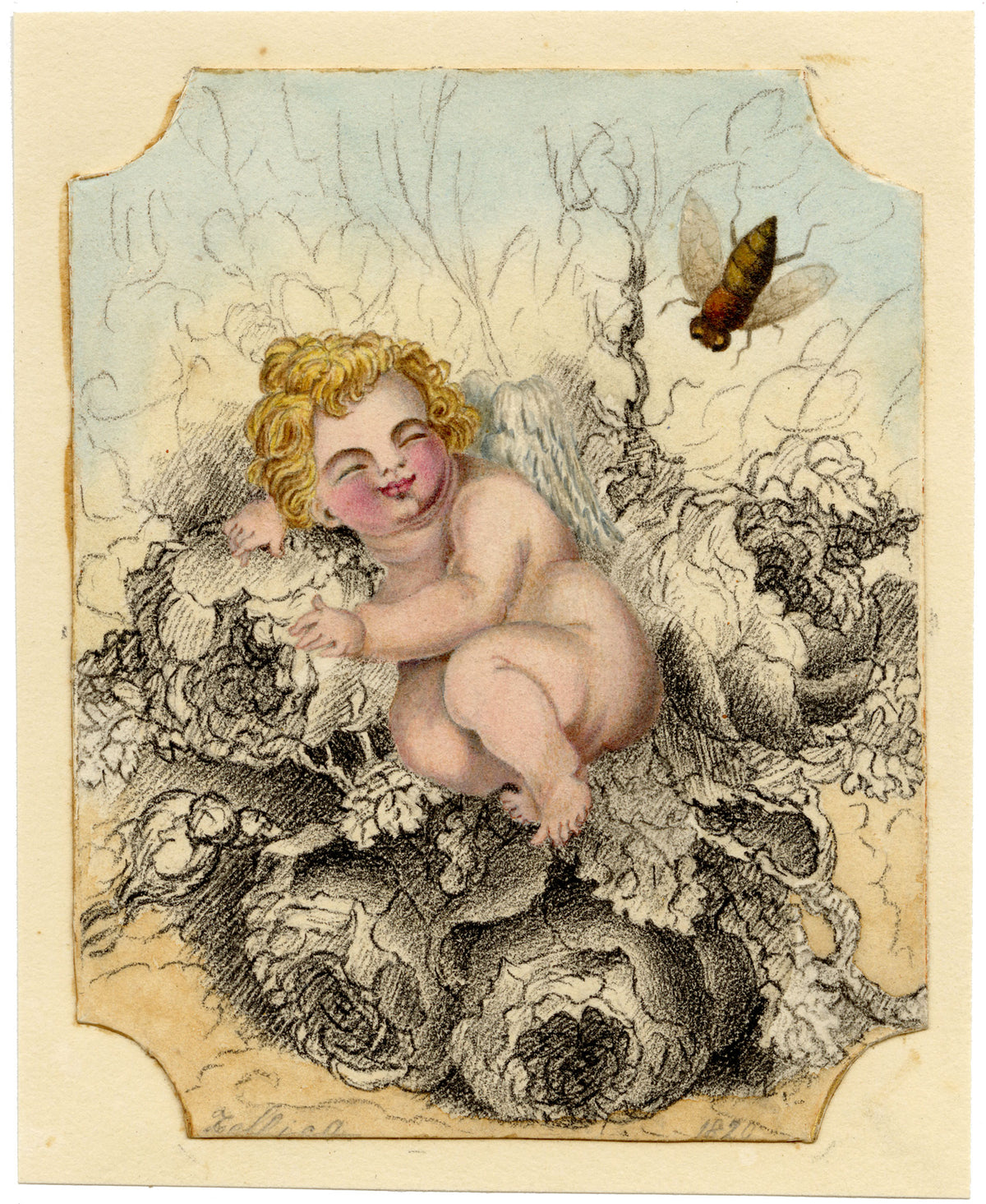 Anon., Sleeping Putto in Flower Bed – 1820 watercolour painting