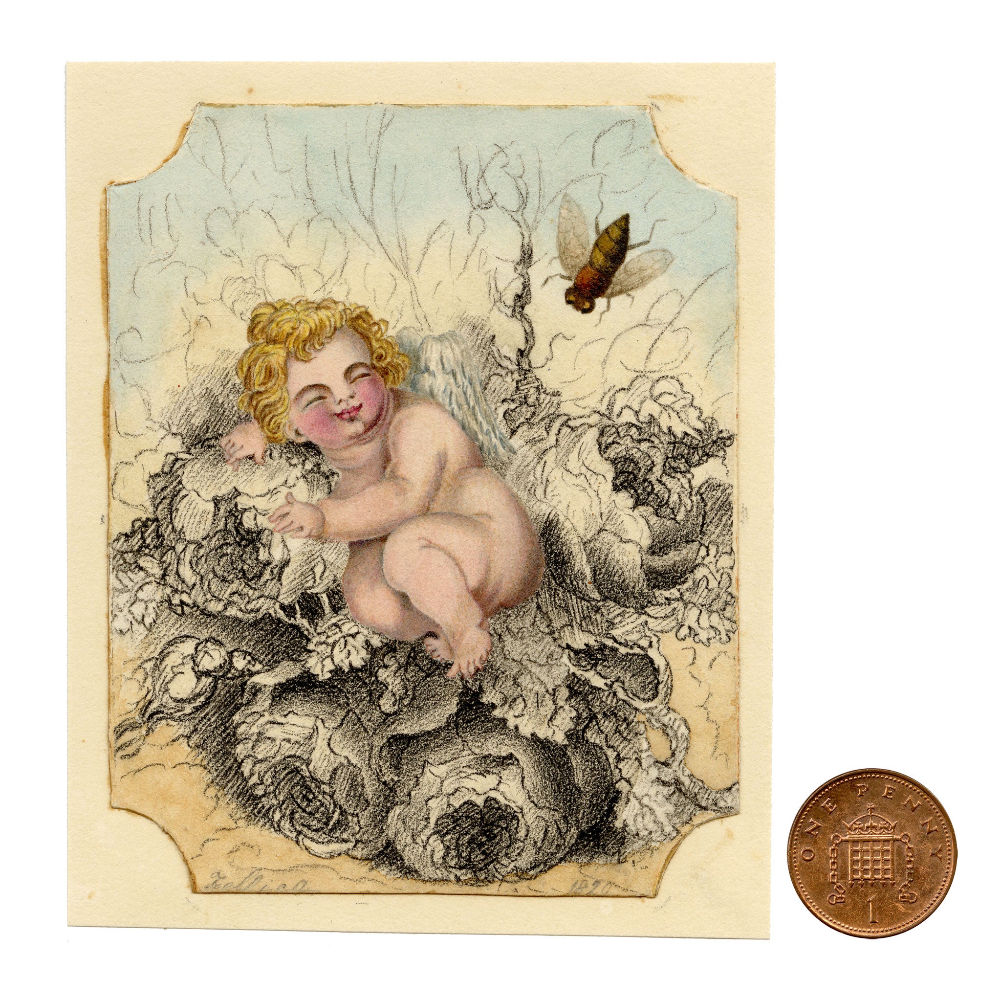 Anon., Sleeping Putto in Flower Bed – 1820 watercolour painting