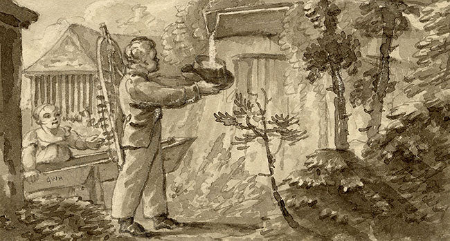 G.W.H., Travelling Boy Using Hat to Collect Water – Early 19th-century watercolour painting