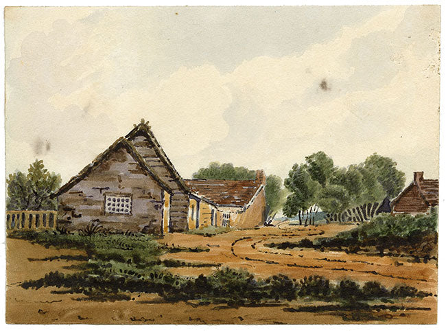 Anon., Rural Road with Cottages & Trees – Early 19th-century watercolour painting