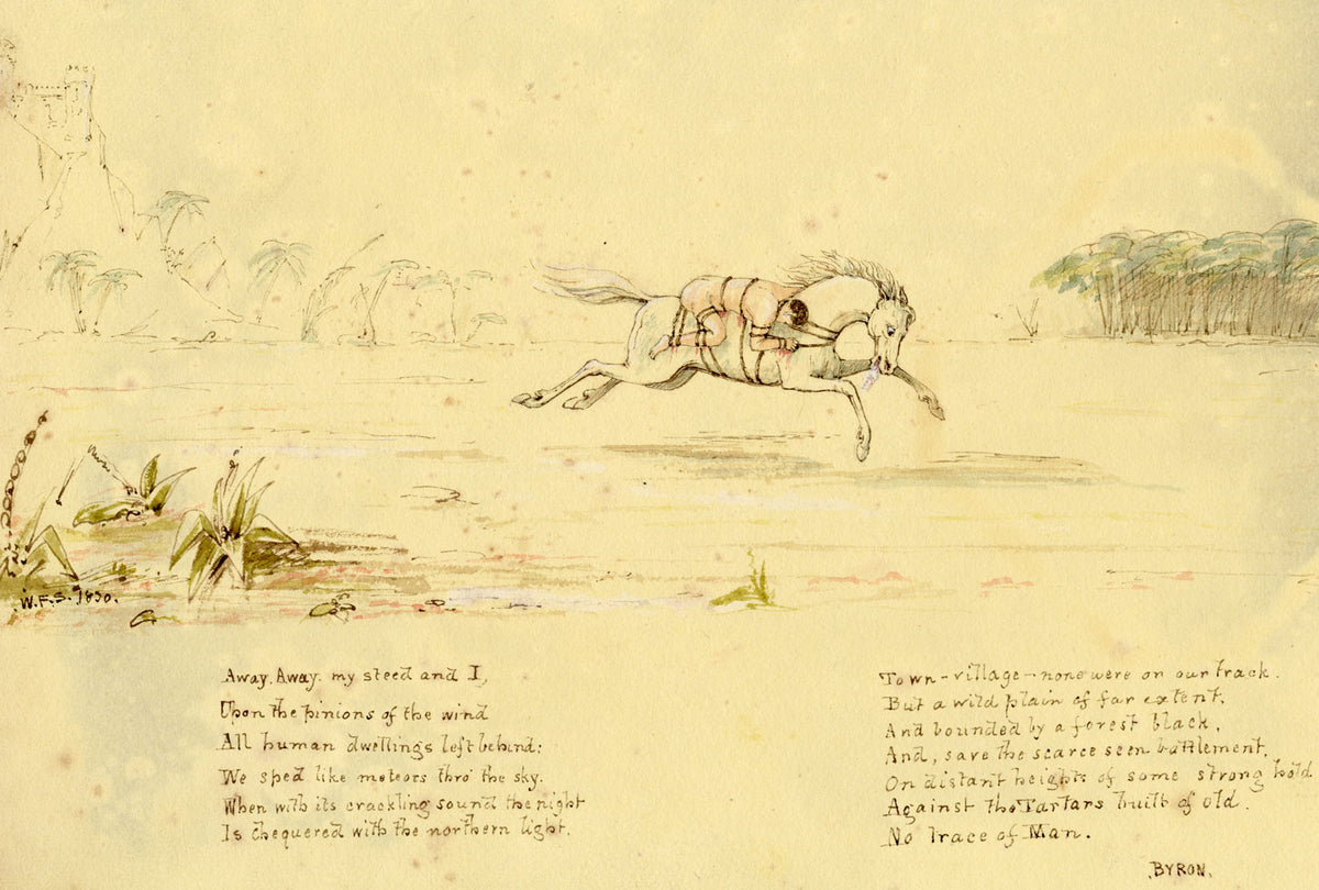 W.F.S., Byron's 'Mazeppa' Tied to a Wild Horse – 1830 watercolour painting