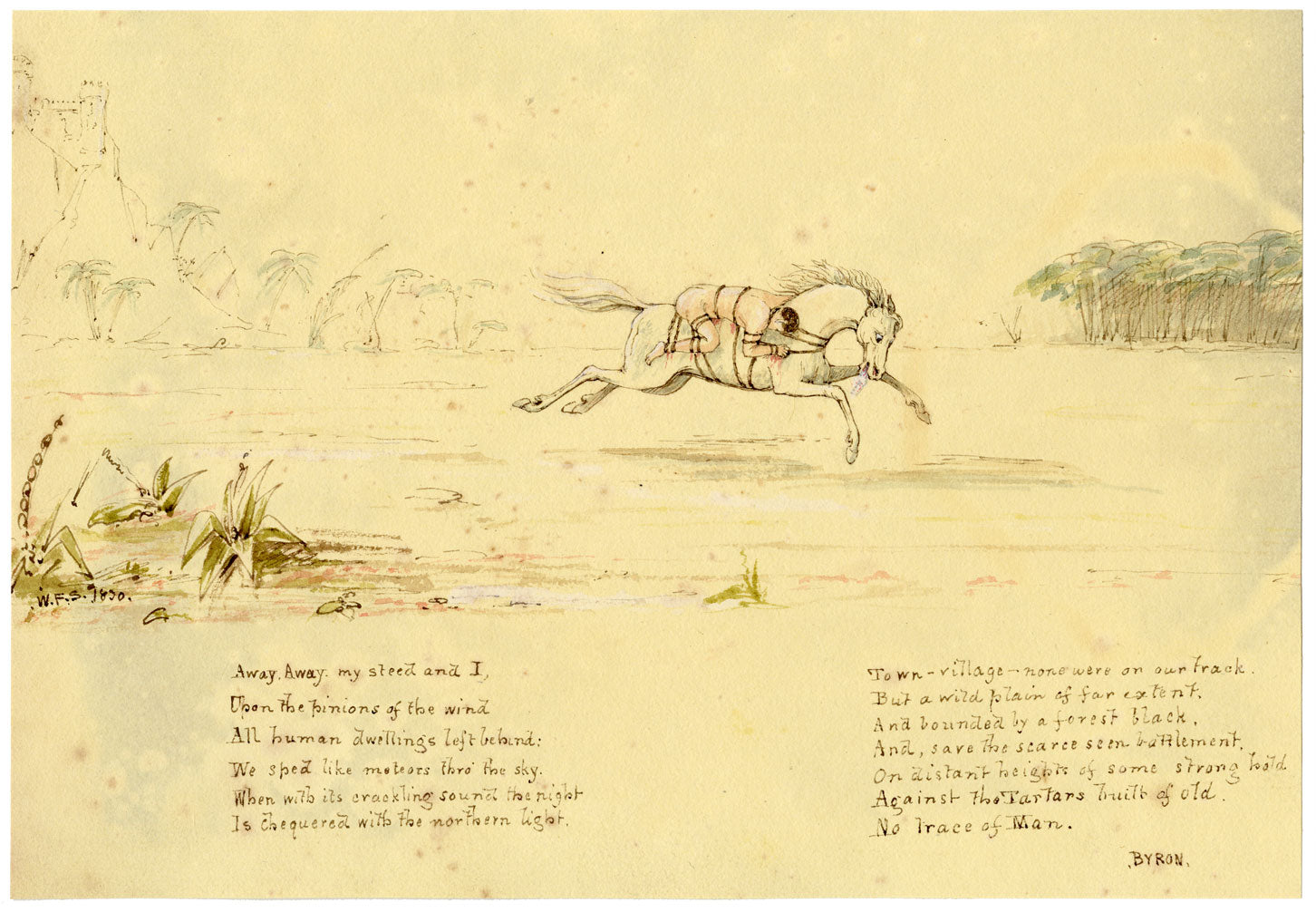 W.F.S., Byron's 'Mazeppa' Tied to a Wild Horse – 1830 watercolour painting