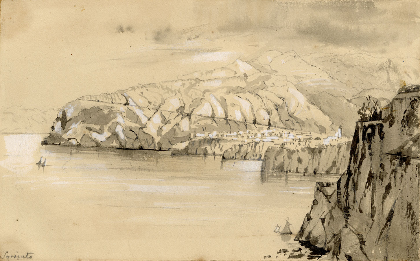 Isabella Foster, Sorrento and the Bay of Naples, Italy – Mid-19th-century graphite drawing