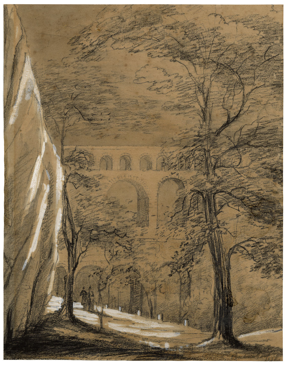 Isabella Foster, Pont du Gard Aqueduct near Nîmes, France – 1838 charcoal drawing