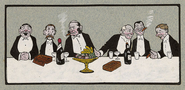 G.D.G., Edwardian Men After Dinner with Cigars & Port – 1912 gouache painting