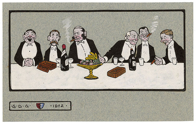 G.D.G., Edwardian Men After Dinner with Cigars & Port – 1912 gouache painting