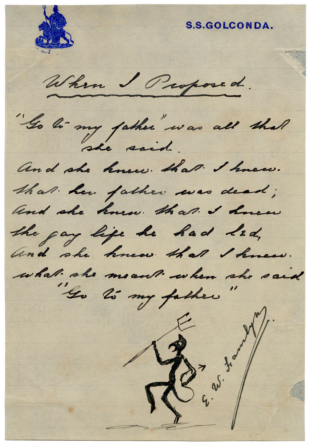 E.W. Hamlyn, Comic Poem on Letterhead Paper from SS Golconda – c.1912 pen & ink drawing