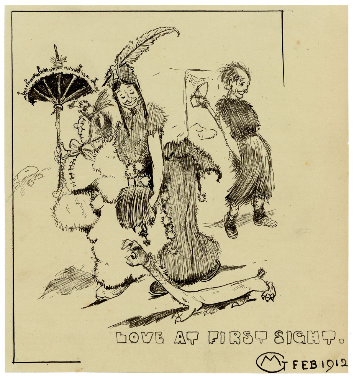 M.G., Love at First Sight – 1912 pen & ink drawing