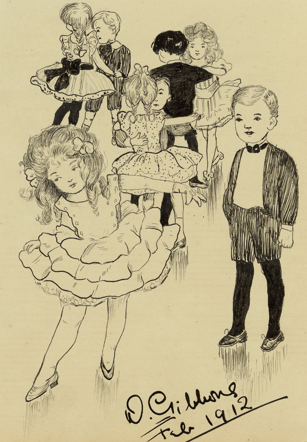 D. Gibbons, Edwardian Children's Dance Party – 1912 pen & ink drawing