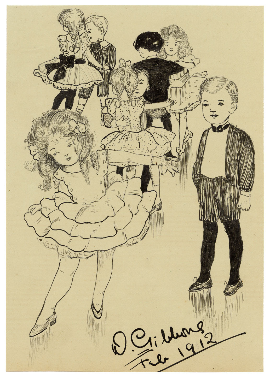 D. Gibbons, Edwardian Children's Dance Party – 1912 pen & ink drawing