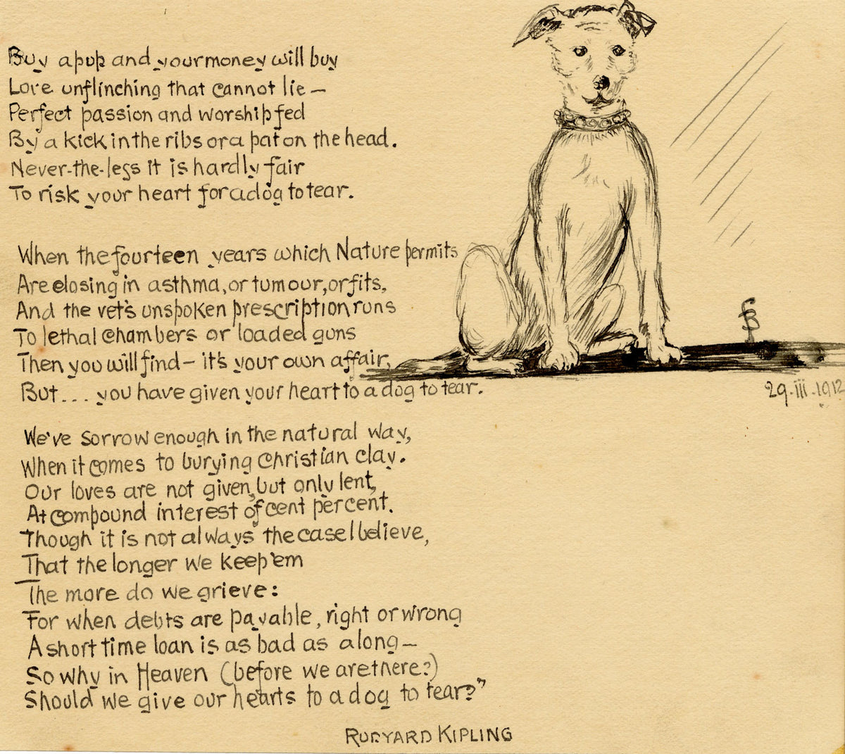 F.B., The Power of the Dog Poem by Rudyard Kipling – 1912 pen & ink drawing