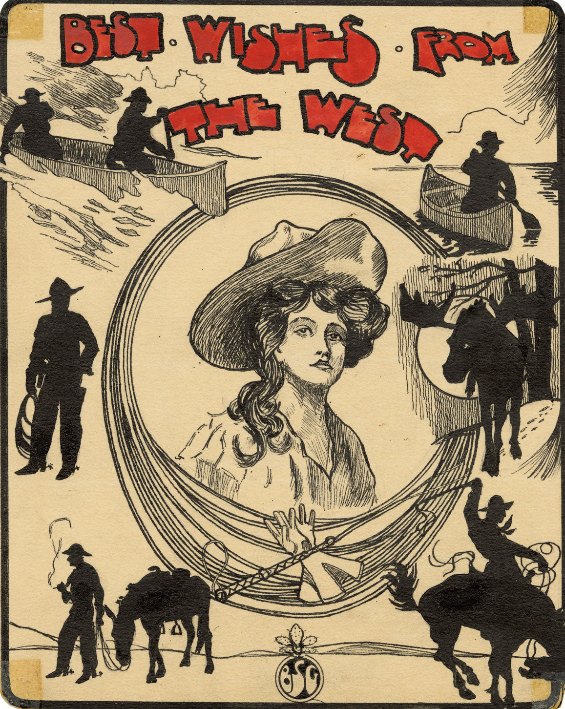 B.S.G., American Wild West Silhouette Greetings – c.1912 pen & ink drawing