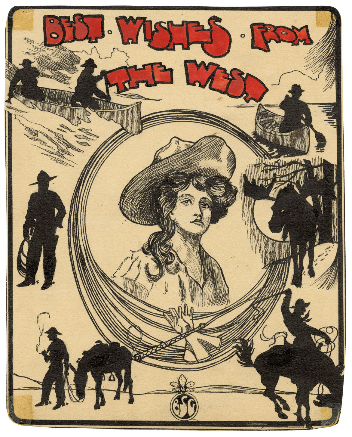 B.S.G., American Wild West Silhouette Greetings – c.1912 pen & ink drawing