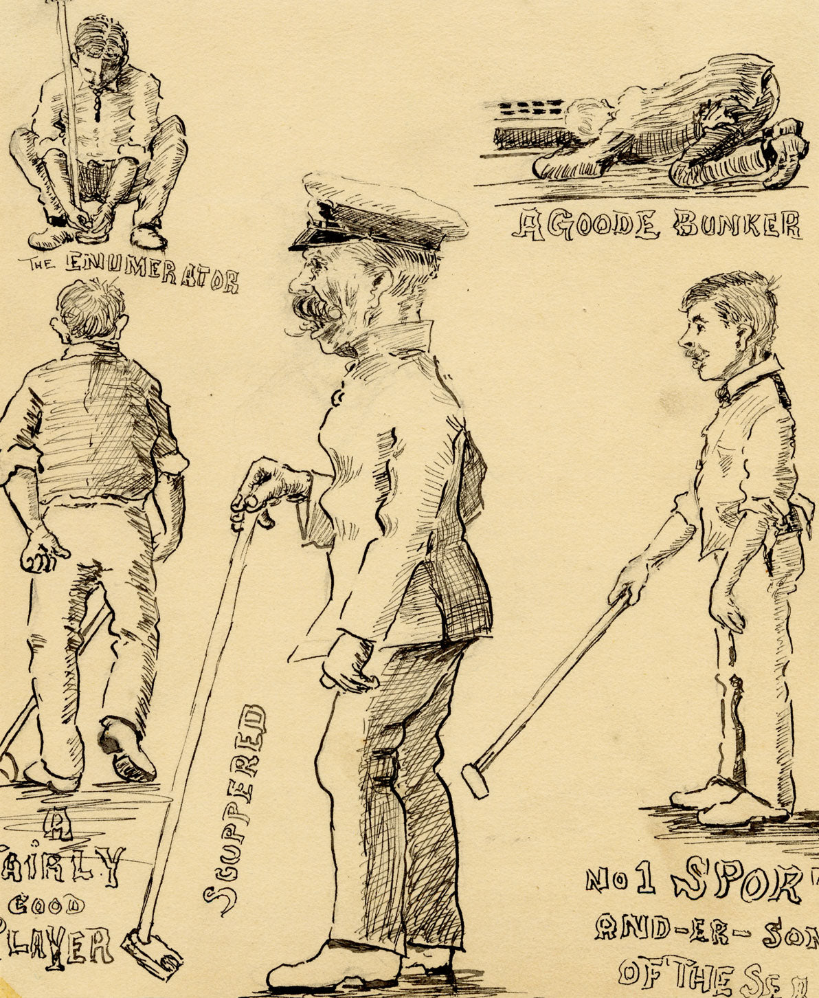 Anon., Edwardian Golfer Cartoon – c.1912 pen & ink drawing
