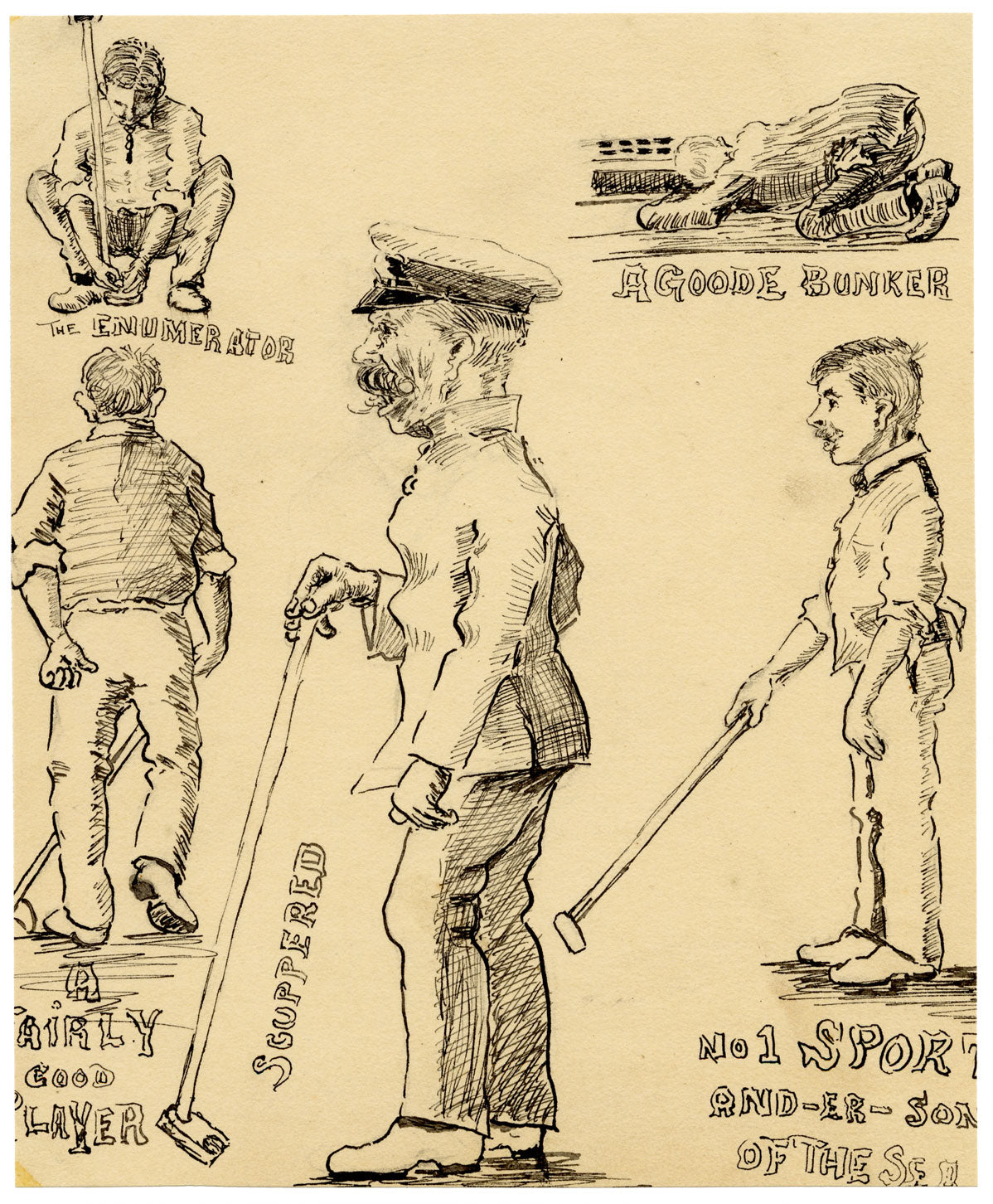 Anon., Edwardian Golfer Cartoon – c.1912 pen & ink drawing