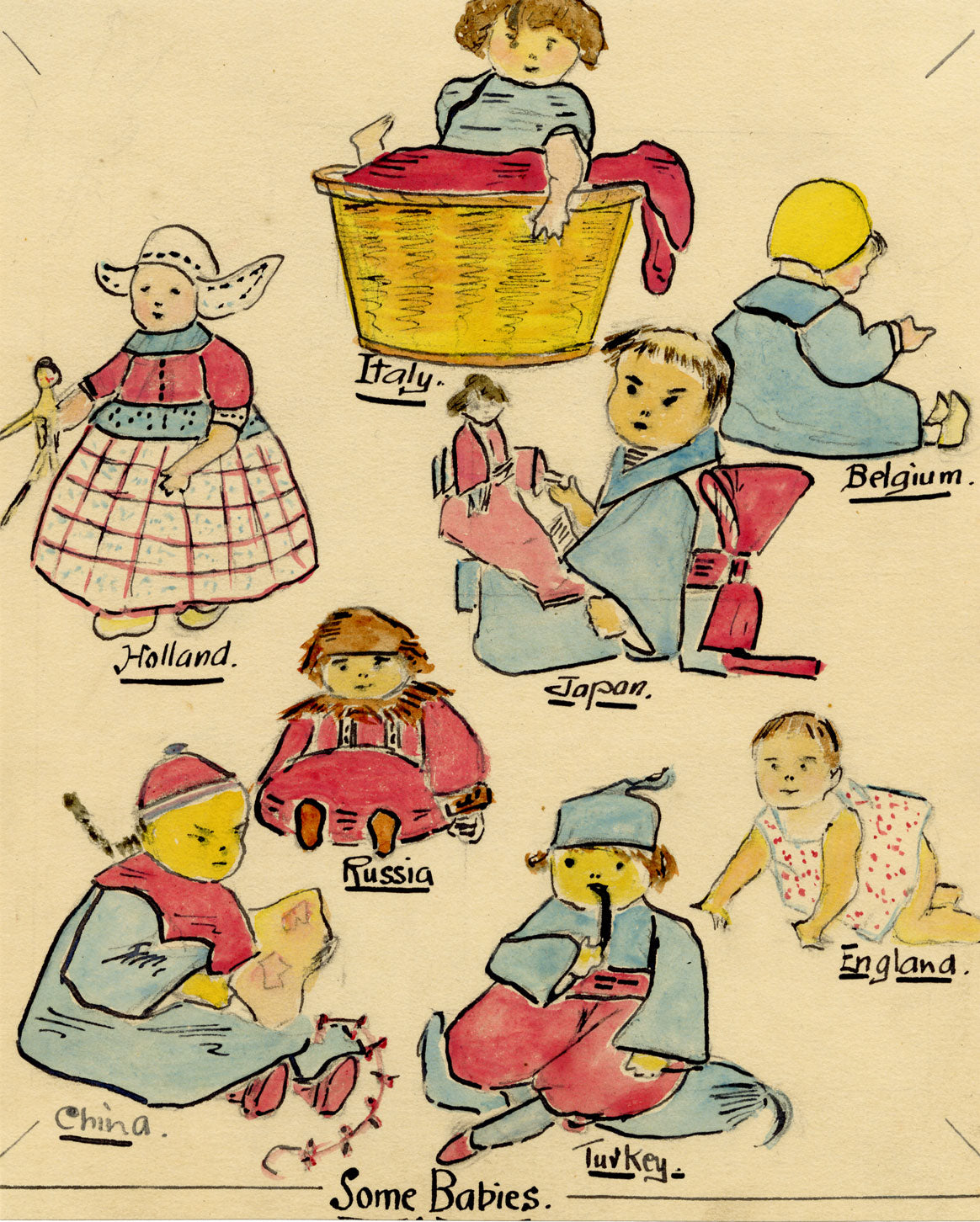 Anon., Babies from Around the World – c.1912 watercolour painting