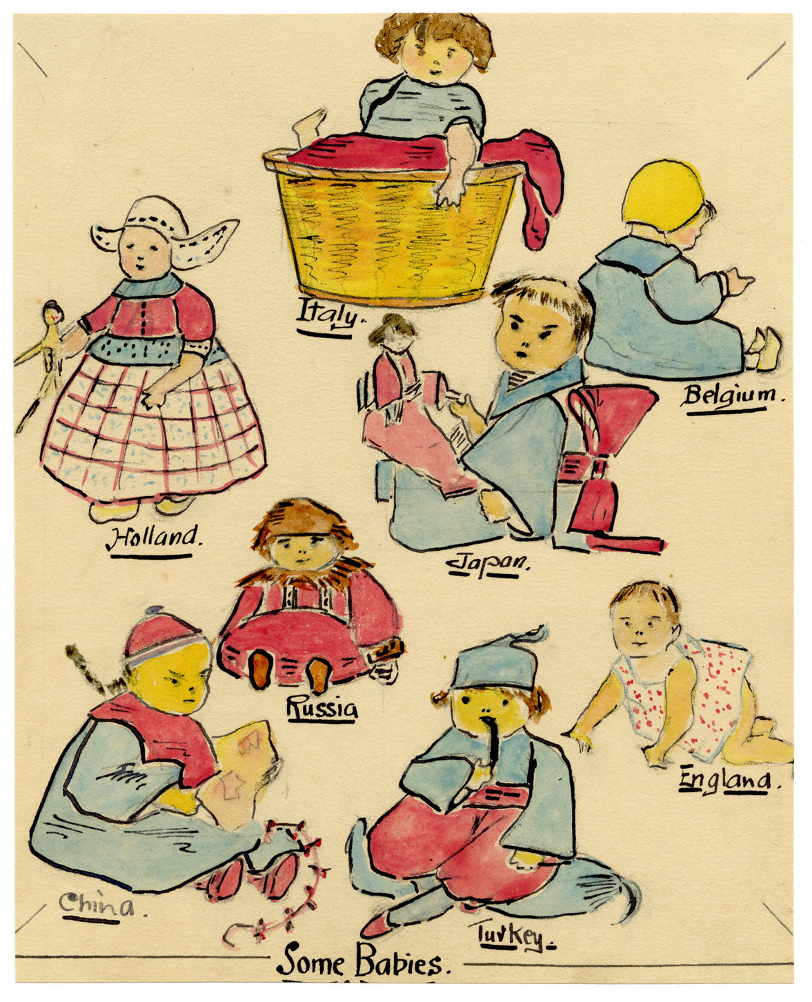 Anon., Babies from Around the World – c.1912 watercolour painting