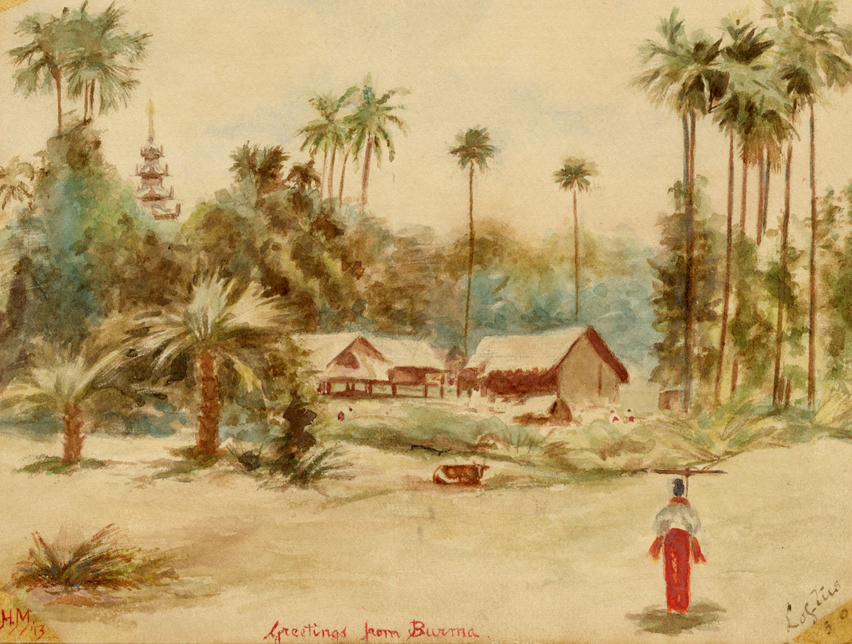 H.M., View in Burma – 1913 watercolour painting