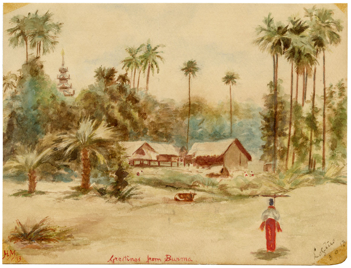 H.M., View in Burma – 1913 watercolour painting