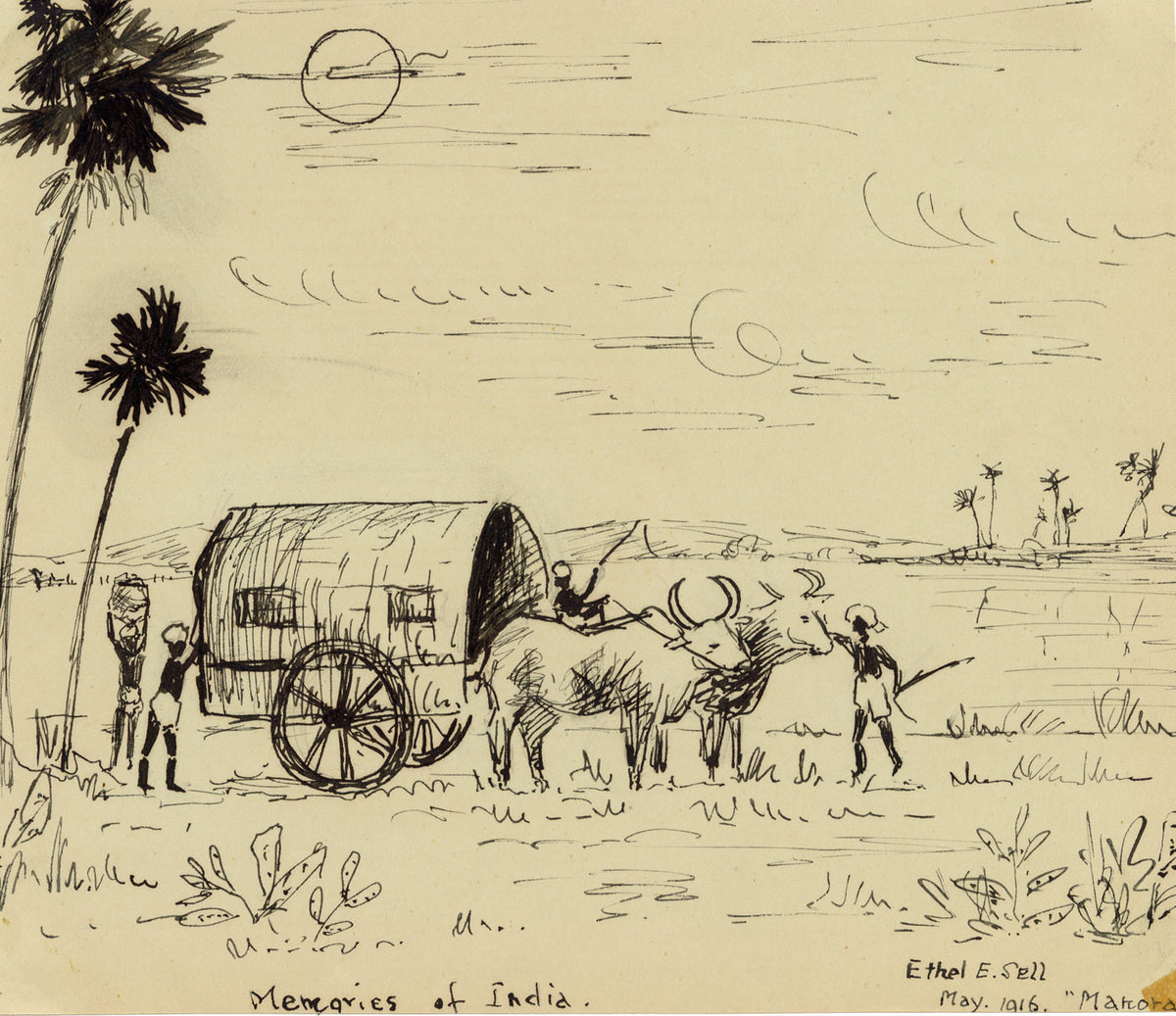 Ethel E. Sell, Ox-Drawn Cart at Makora, India – 1916 pen & ink drawing