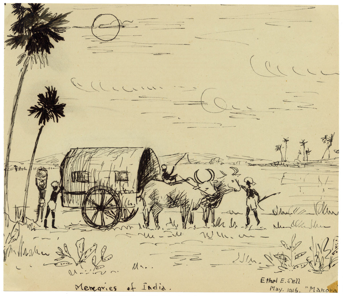 Ethel E. Sell, Ox-Drawn Cart at Makora, India – 1916 pen & ink drawing