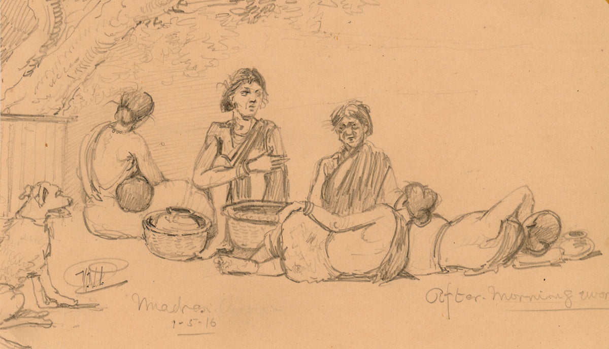 V.V.P., Madras Women Resting 'After Morning Work', India – 1916 graphite drawing