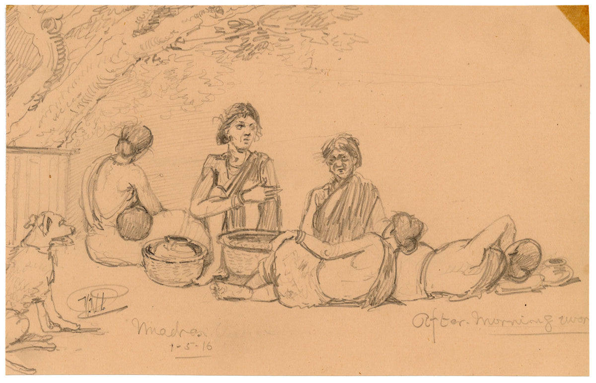 V.V.P., Madras Women Resting 'After Morning Work', India – 1916 graphite drawing