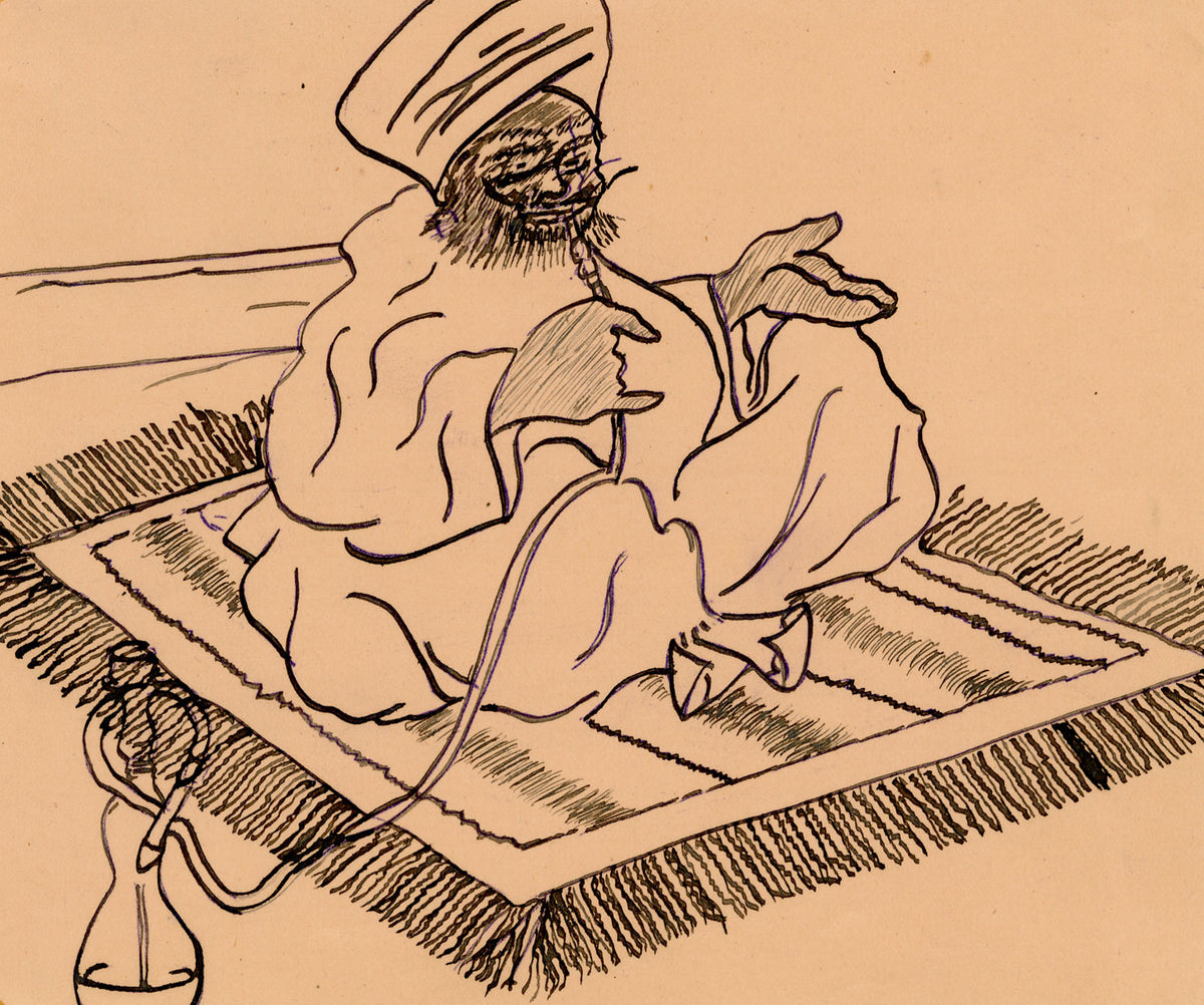 Anon., Indian Man Smoking Hookah – c.1916 pen & ink drawing