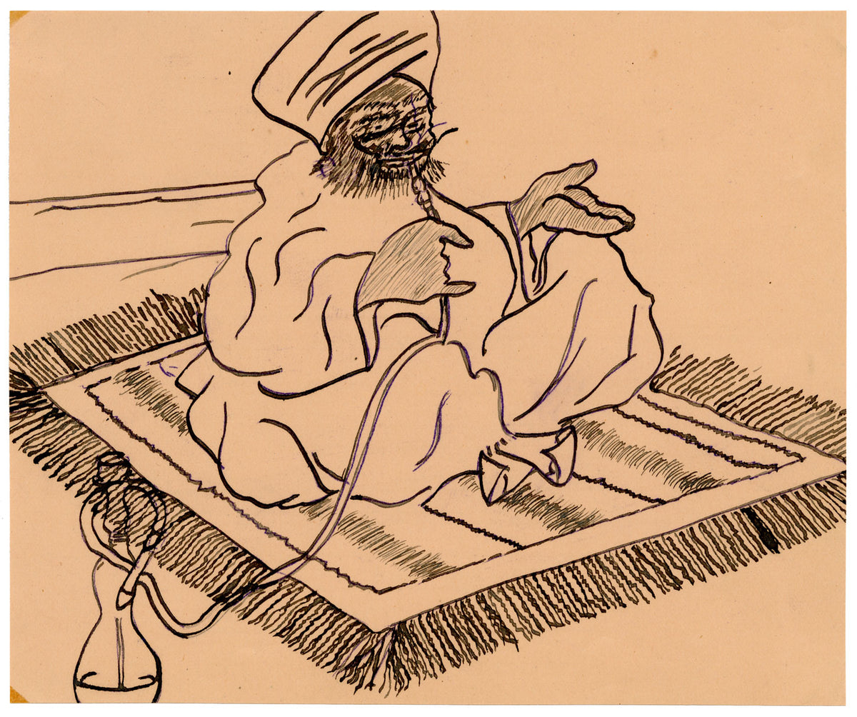 Anon., Indian Man Smoking Hookah – c.1916 pen & ink drawing