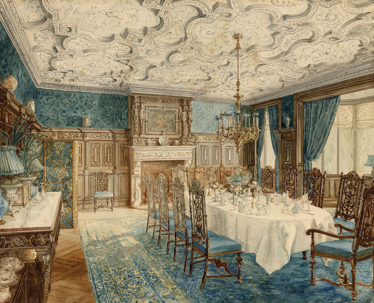 Attrib. Hughson Hawley, Jacobean Revival Dining Room Interior – Late 19th-century watercolour painting